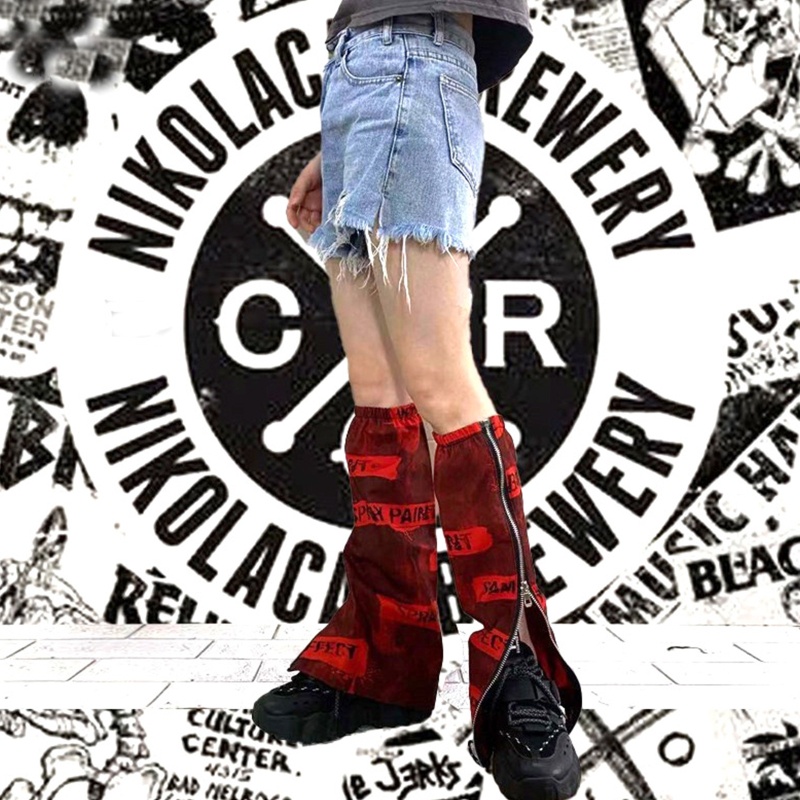 Xiangbao Vỏ Bọc Chân Loe In Chữ Goth Punk Hip Hop Harajuku Nhật Bản Màu Đỏ Giữ Ấm Có Khóa Kéo Bên Hông Cho Nữ