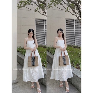 Đầm maxi nữ trắng gấm hoa cột nơ lưng sau freesize Pumi
