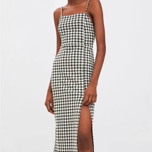 VÁY MIDI 2 DÂY KẺ CARO XẺ ĐÙI #ZARA AUTHENTIC TUỒN STORE