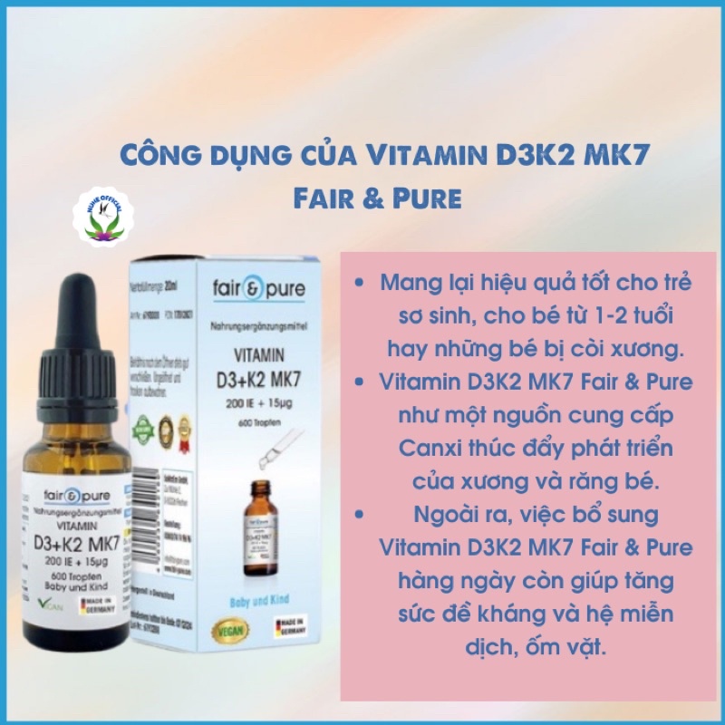 Vitamin d3 k2 mk7 Fair & Pure , vitamin d3 giúp bé ăn ngon, ngủ ngon tăng miễn dịch chai 20ml