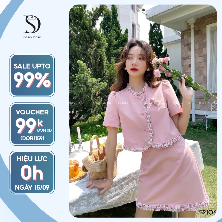 Set áo chân váy hồng DORIS Thiết kế ngắn tay phối viền chất liệu umi sang trọng hoa nữ tính điệu đà S2106