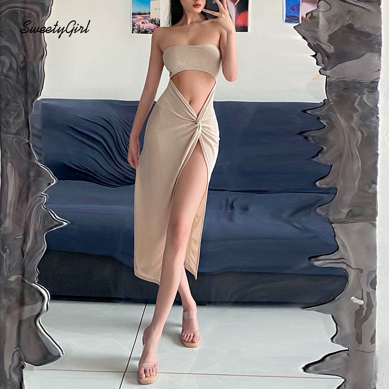 Đầm Maxi Không Tay Eo Thấp Hở Vai Màu Trơn Thời Trang 2022 Dành Cho Nữ