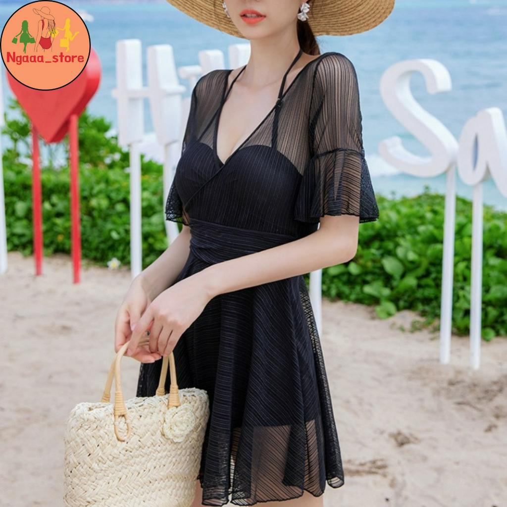 Đồ bơi nữ liền thân đi biển kín đáo BK0666, Bikini 1 mảnh tay cánh tiên có quần bảo hộ chân váy phong cách hàn quốc