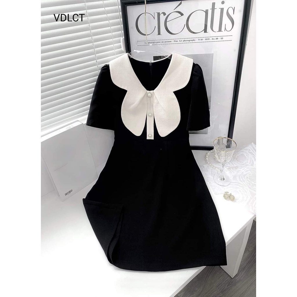 Váy đen lá cổ trắng