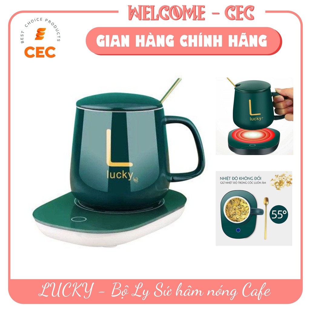 Bộ Cốc Hâm Nóng Giữ Nhiệt Ly Sứ Kèm Đế Điện LUCKY Hâm Nóng Cafe , Sữa , Trà Đồ Uống, Tặng Thìa Mạ Vàng [CEC Store]