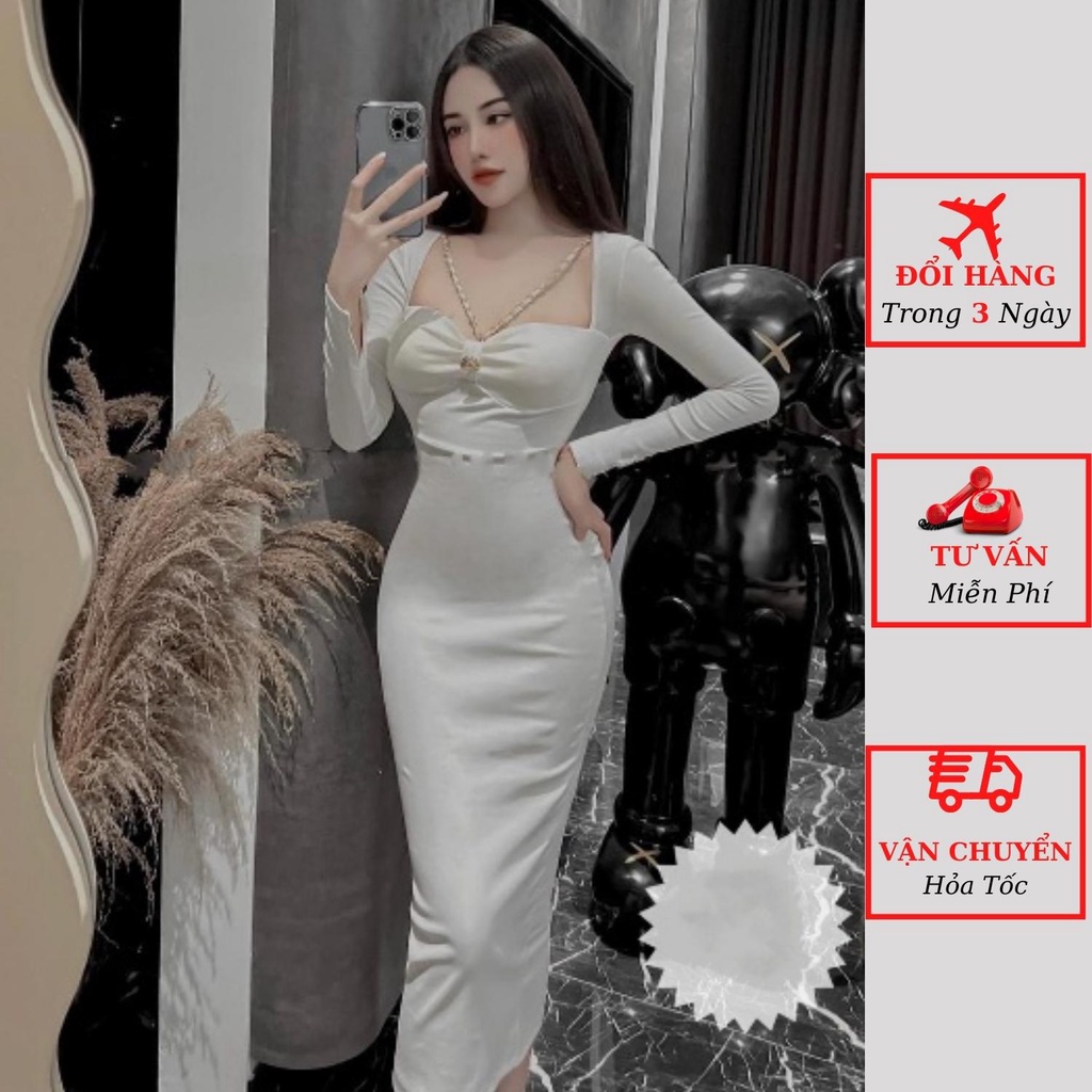 Váy body 2 dây xích cúp ngực dài tay cổ V dáng dài maxi tôn dáng mùa thu đông sang chảnh dự tiệc cưới Hàn Quốc