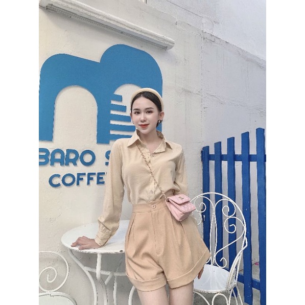 Set áo sơ mi phối quần short màu be Size M dưới 55kg