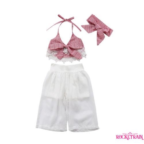 Set áo lửng hai dây + quần dài + băng đô nơ dễ thương cho bé gái