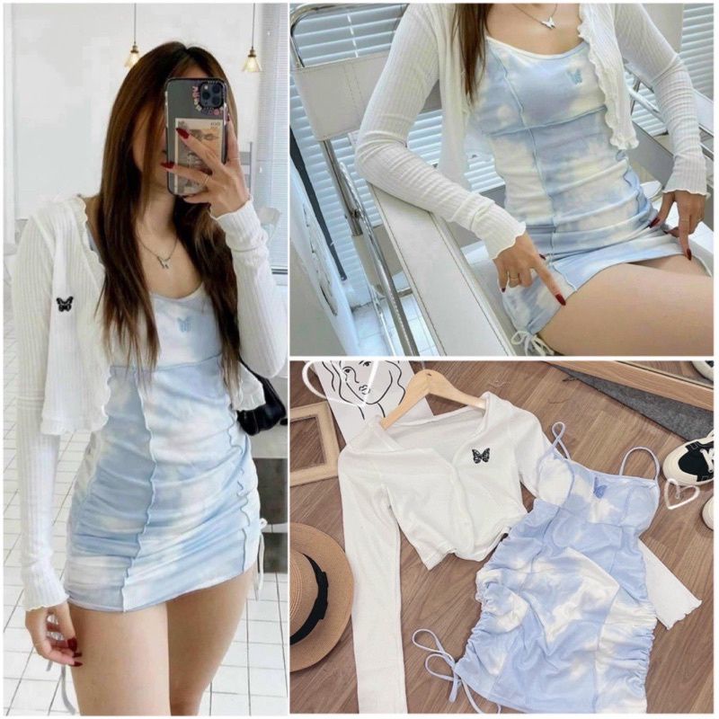 [SIÊU SALE] Set Váy Thun Loang Kèm Áo Khoác Ngoài Cực Dễ Thương