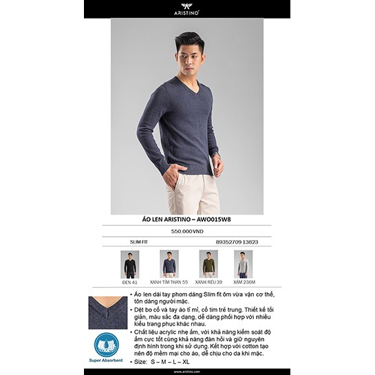 (TAG 550K) Áo len Aristino AWO015W8 cổ tim, dày vừa phải, dáng Slimfit, chất len đanh lì, không bai xù