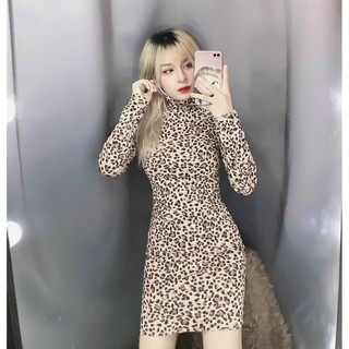 Đầm body cổ lọ tay dài phối màu da beo cực xinh , chất thun dẻo mềm mịn co giãn ( ảnh thật )