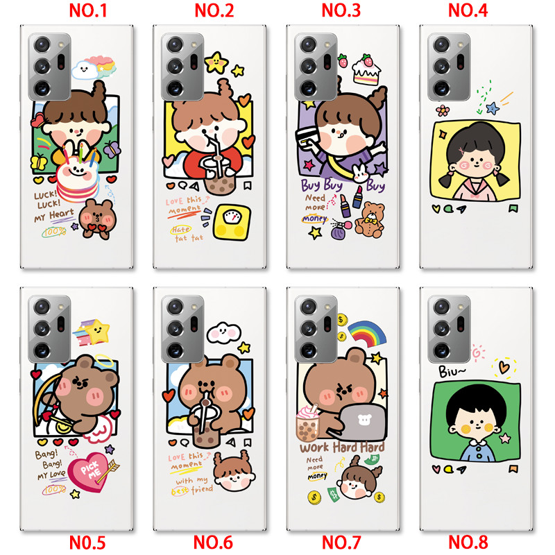 Samsung Galaxy Note 20 Ultra 5G/Note 8 9 10+ Pro INS Cute Cartoon Work hard Brown bear Clear Soft Silicone TPU Phone Casing Lovely label Graffiti Case Back Cover Couple