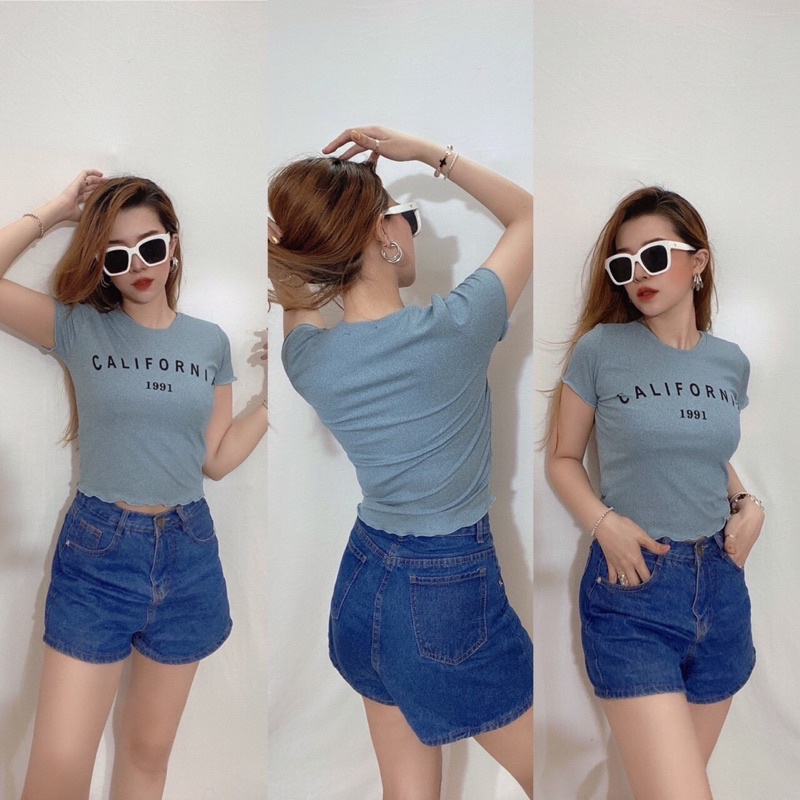 Áo croptop thun po gân xanh in California 1991