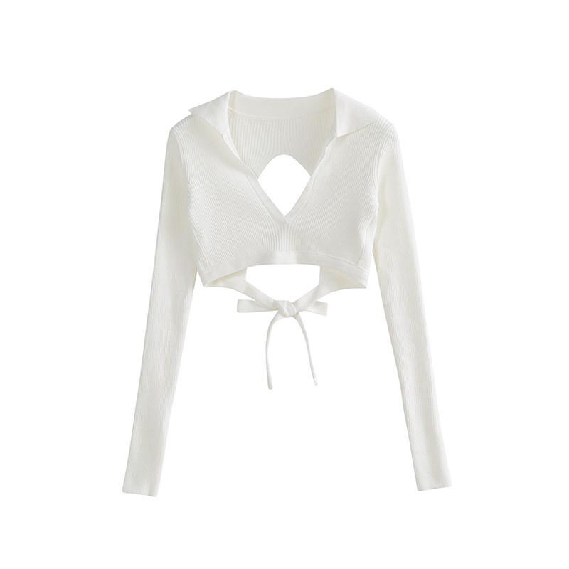 QKOOLE Áo croptop dệt kim  tay dài cổ chữ V phong cách Hàn Quốc thời trang cho nữ