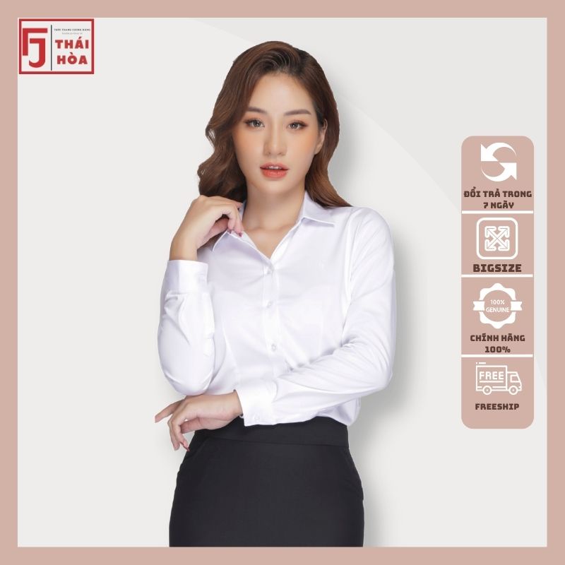 Áo sơ mi nữ trắng Thái Hoà công sở dài tay đi học kiểu bigsize cotton 047-01-01