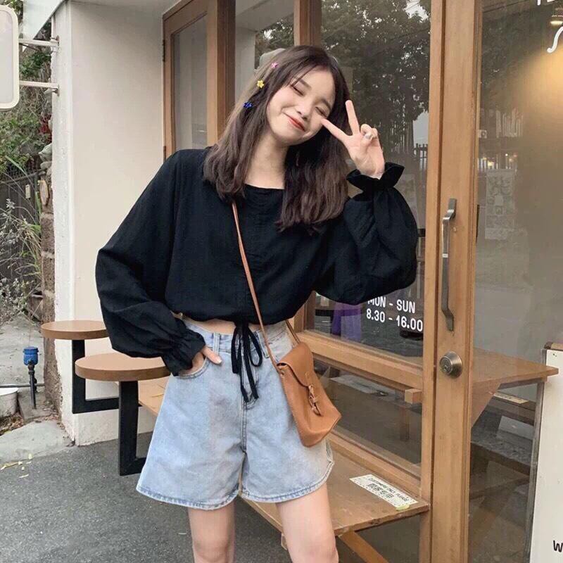 ÁO THUN CROPTOP RÚT DÂY TRƠN FORM RỘNG TAY DÀI ULZZANG - ÁO NHÓM CROP BASIC 5