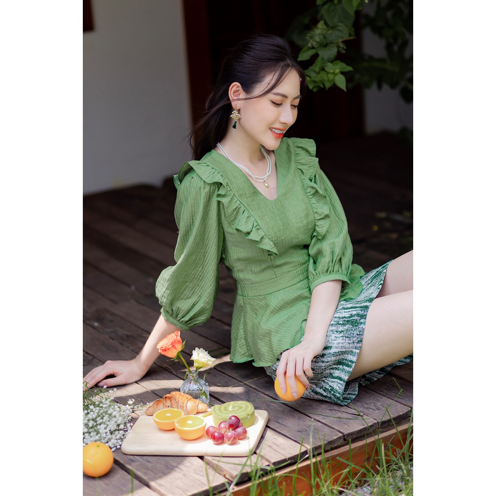 Áo peplum bèo vai xanh lá CVT