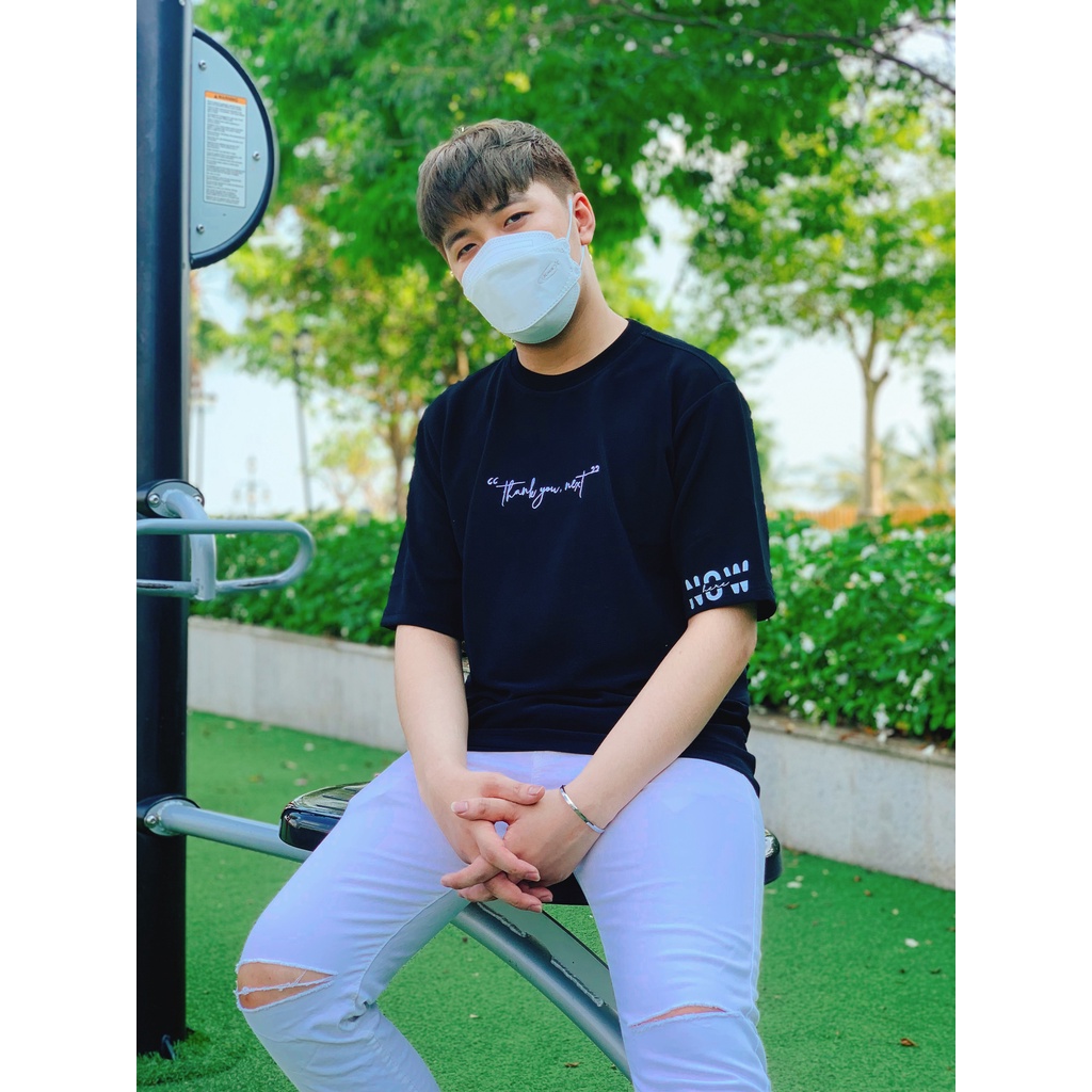 Áo Thun Tay Lỡ Unisex NOWHERE đen form rộng thêu chữ Thank you next chất liệu thun mát không nhăn