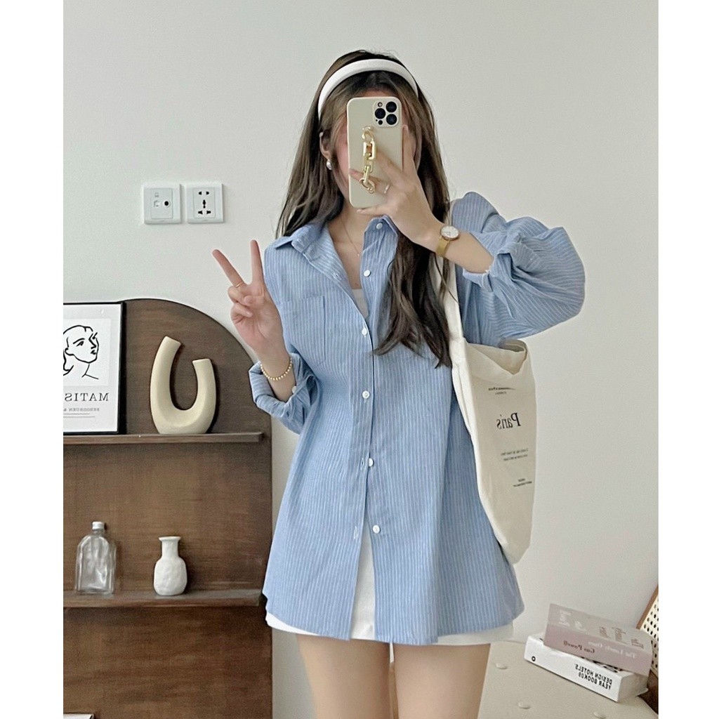 Áo sơ mi Hàn Quốc, Áo sơ mi dáng rộng kẻ sọc nhỏ dài tay style Ulzzang