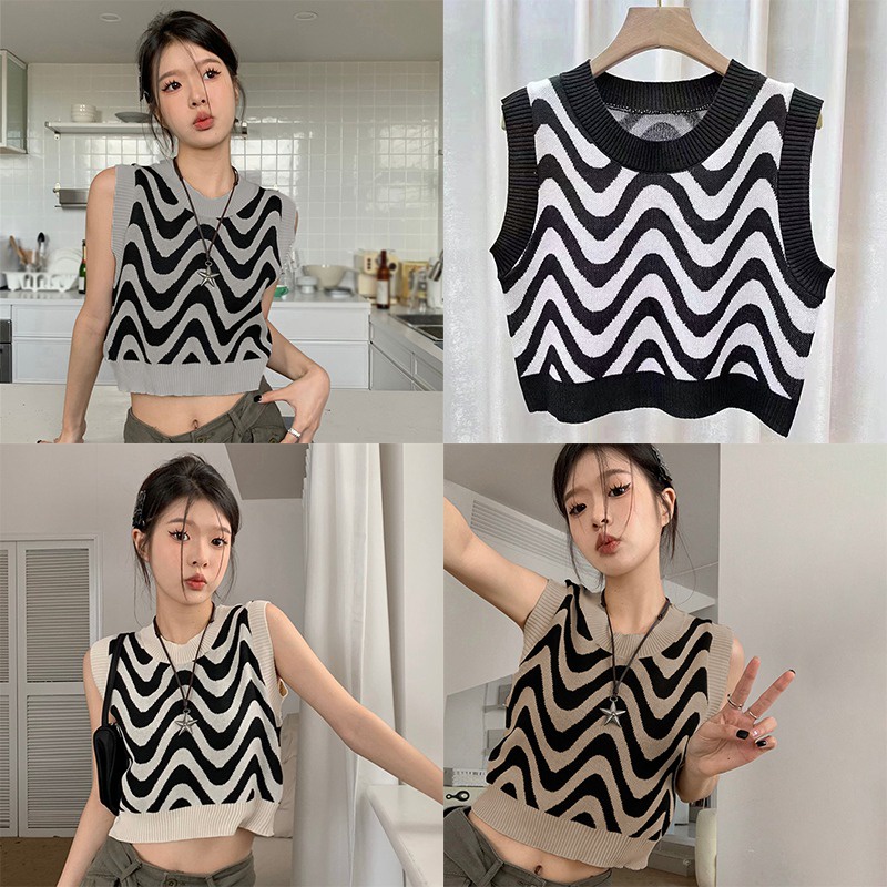 Áo Sweater Dệt Kim Sát Nách Mềm Mại Cổ Tròn Kẻ Sọc Gợn Sóng Kiểu Hàn Quốc Cho Bạn