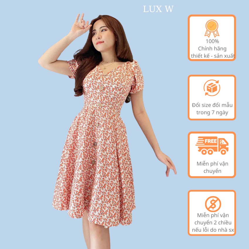 Đầm hoa nhí thiết kế dáng xòe đẹp cổ v thời trang eo tôn dáng che bụng hợp đi chơi đi làm - Lux W Fashion