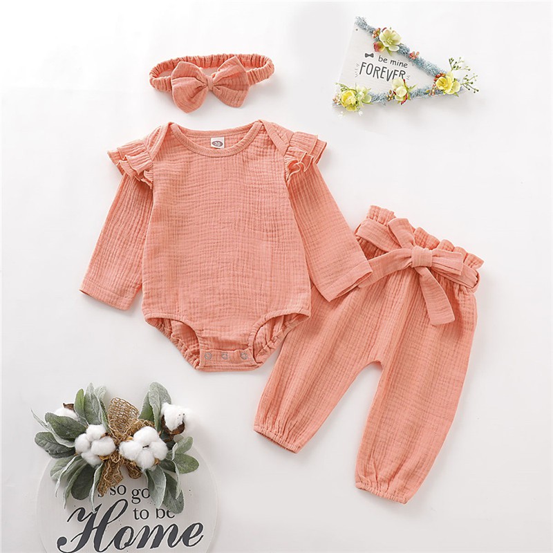 Bộ đồ cotton 3 món MIKRDOO gồm áo liền quần tay dài và quần dài phối băng đô mềm mại cho bé sơ sinh