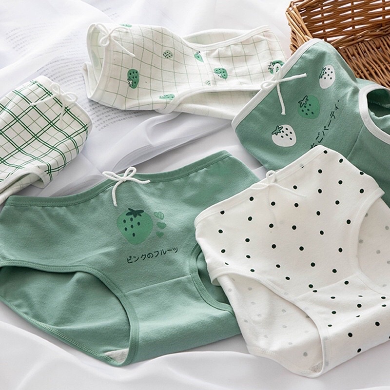 Quần Lót Nữ Cotton Nâng Mông Che Tên hoạ tiết dâu xanh