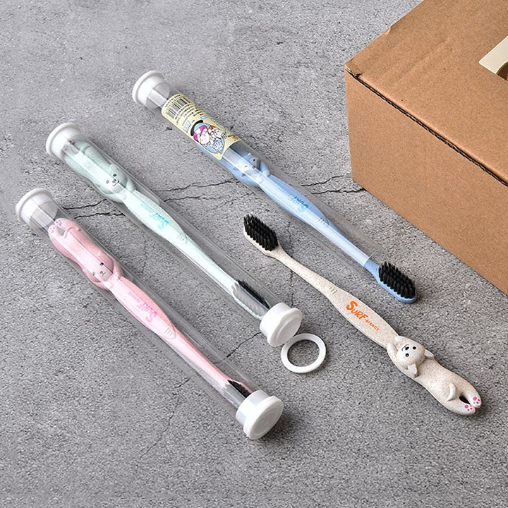 HCM - Bàn chải lúa mì thiên nhiên hình Chó Mèo Cáo kèm hộp ống đựng mang du lịch công tác