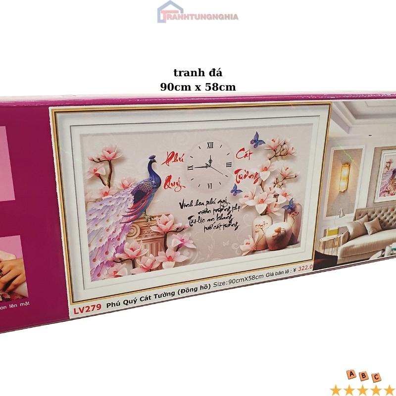 Tranh đính đá, tranh thêu chữ thập đồng hồ công phú quý cát tường