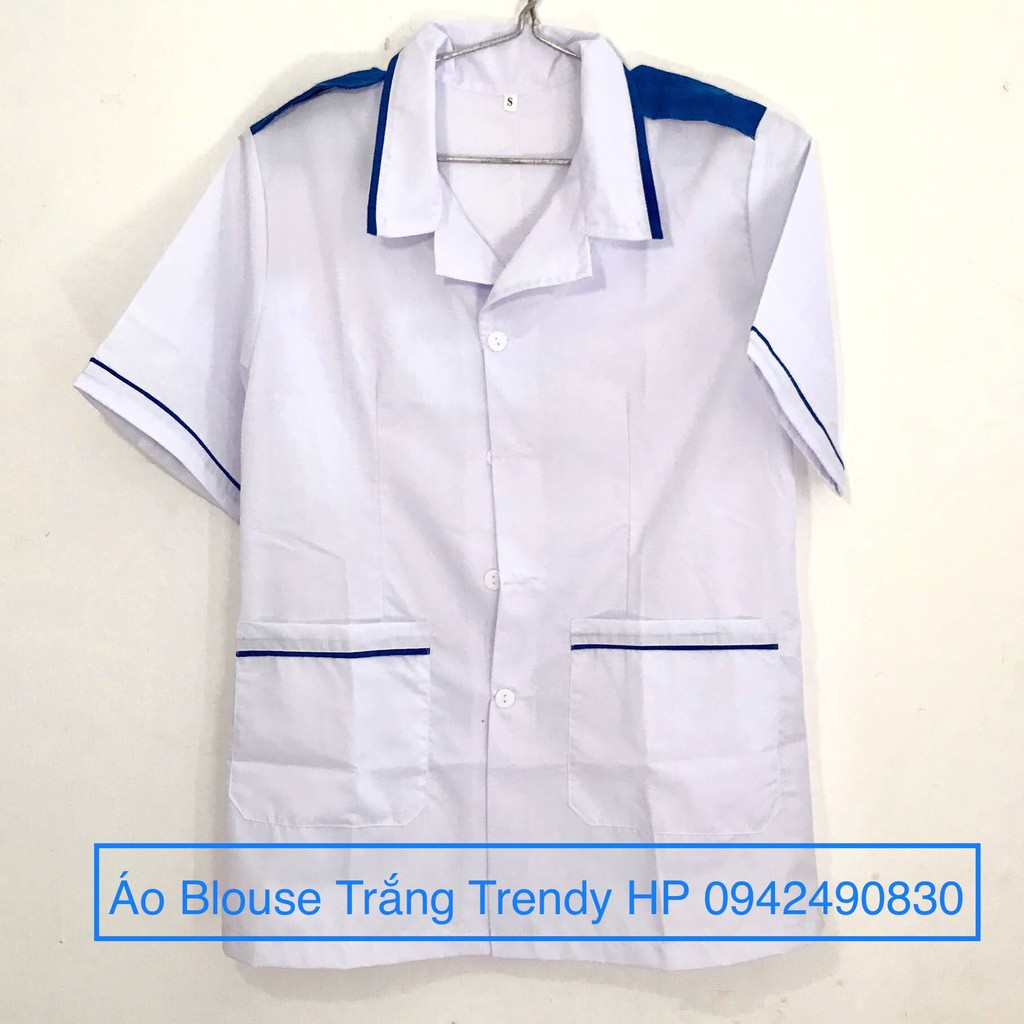 Áo blouse trắng điều dưỡng thực tập sinh - áo blue trắng viền xanh điều dưỡng có cầu vai cho sinh viên