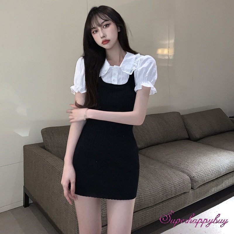 Đầm Ngắn Giả Hai Lớp Cổ Búp Bê Phối Ren Ôm Dáng Cho Nữ