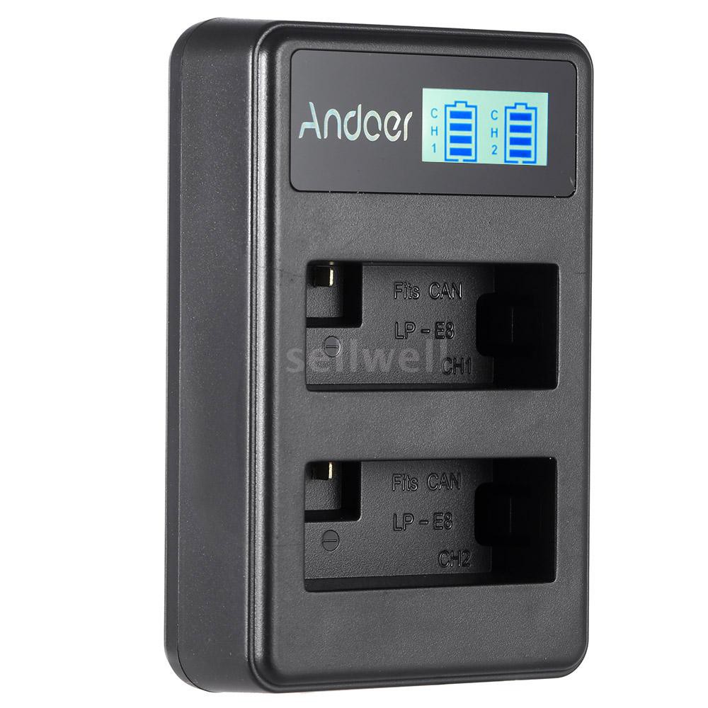 Andoer LP-E8 Rechargeable LED Display Li-ion Battery Charger Pack 2-Slot USB Cable Kit for Canon Rebel T3i T5i T4i T2i E