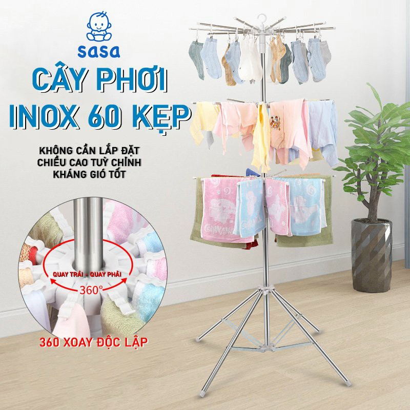 Sasa. Cây phơi đồ thông minh inox 3 tầng cao cấp Sasa ( 60 kẹp)