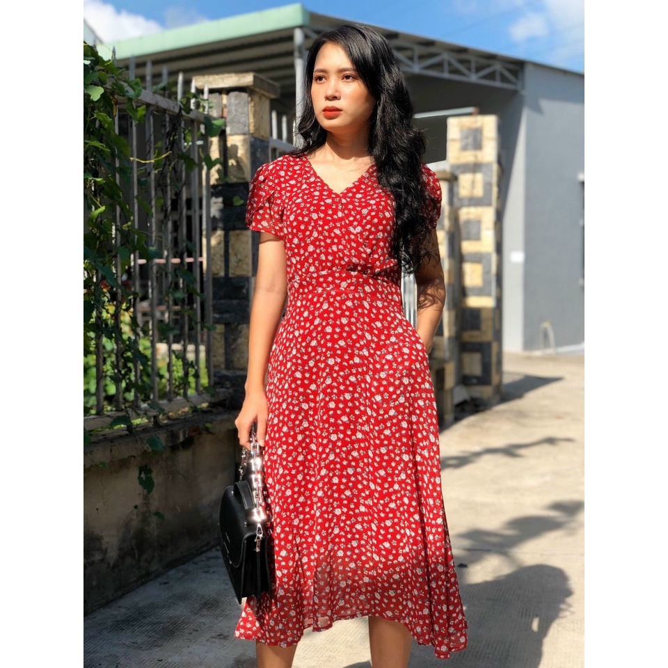 Đầm xòe form dài voan hoa, cổ đắp chéo, tay búp sen, có túi S&amp;M GR198 - Hình thật do shop chụp