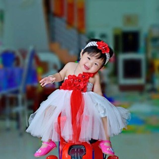 Váy đầm bé gái ❤️freeship❤️ đầm công chúa trắng dải đỏ tú cầu cho bé gái