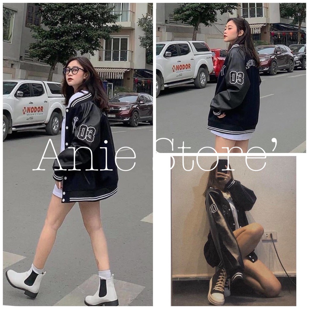 Áo Khoác Bomber 03 Tay Phối Da Unisex 🦋 Jacket Dáng Thể Thao Đen Cổ Viền Nỉ Freesize Ulzzang Nam Nữ 🦋