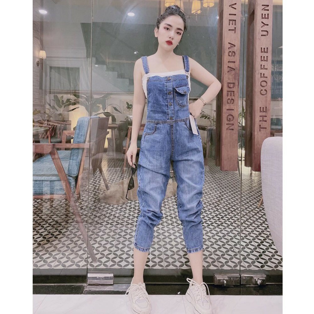 Quần Yếm Jeans Dài Nữ Chất Bò Phối Túi Kèm Cúc Trước Phong Cách Ulzzang Hàn Quốc - 424