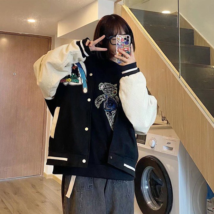 Áo Khoác Bóng Chày Vải Nhung Dáng Rộng Thêu Họa Tiết Kiểu Hàn Quốc Cá Tính Cho Nam