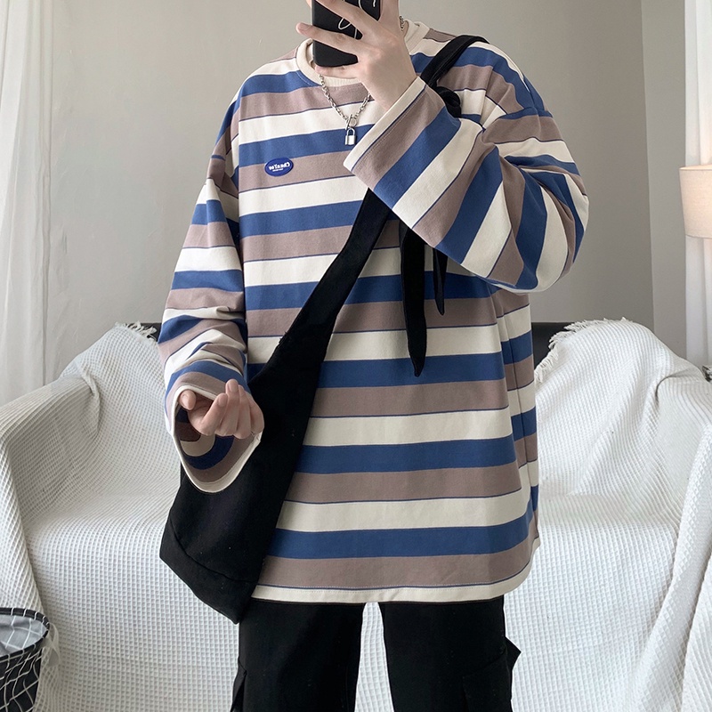 Áo thun tay dài cổ tròn dáng rộng họa tiết kẻ sọc thời trang Hàn Quốc trẻ trung dành cho nam