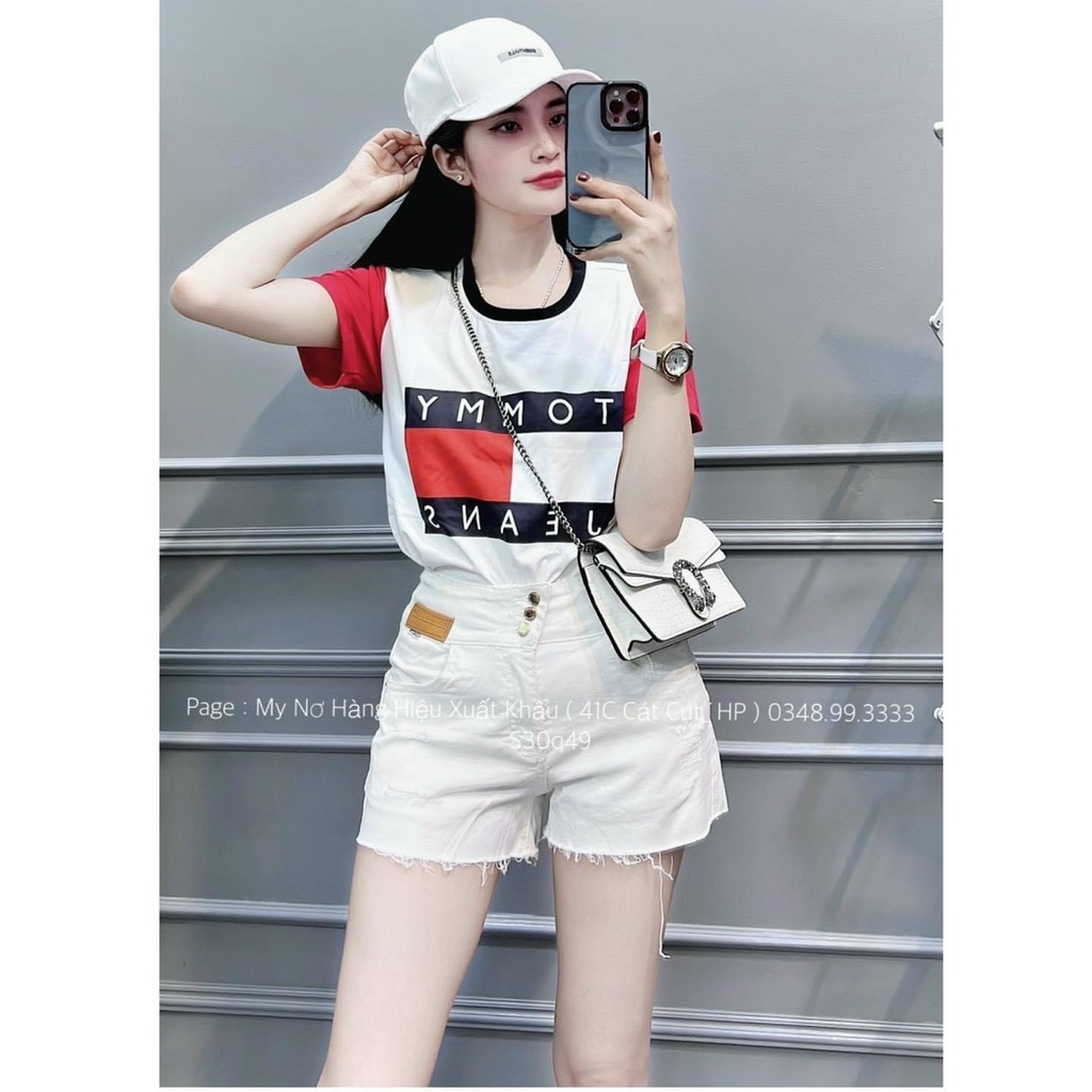 Áo Thun Phông Tommy Pha Màu Tay Cam Cổ Viền Đen Freesize