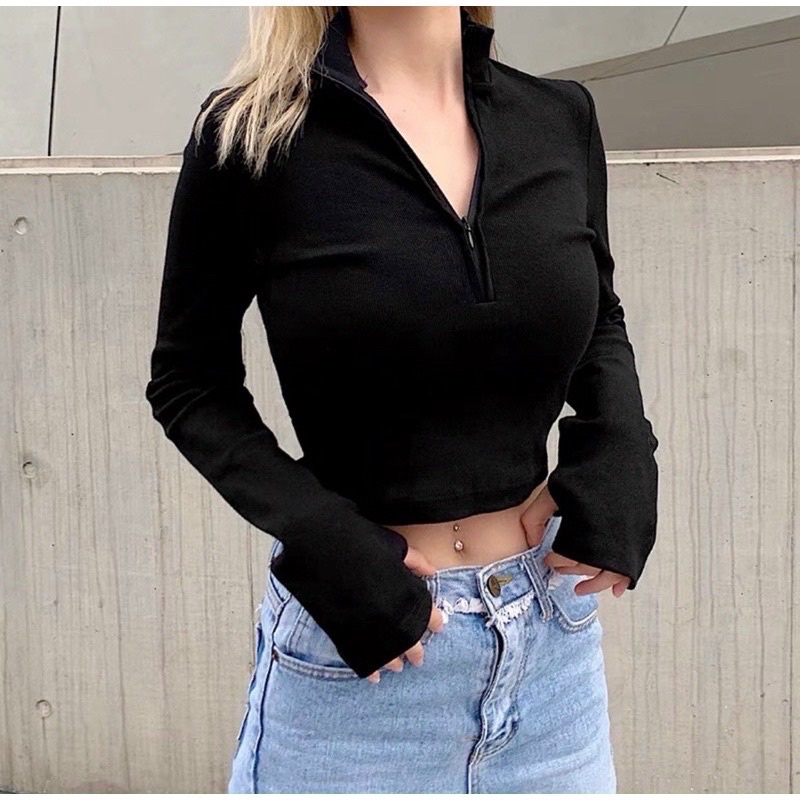 Áo thun croptop kéo khoá tay dài tôn dáng Michi
