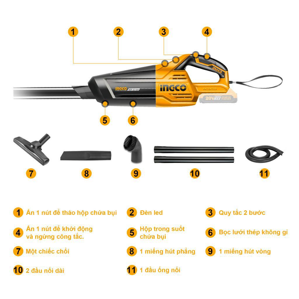 Máy hút bụi dùng pin ingco 20V CVLI2001 Không kèm pin và sạc