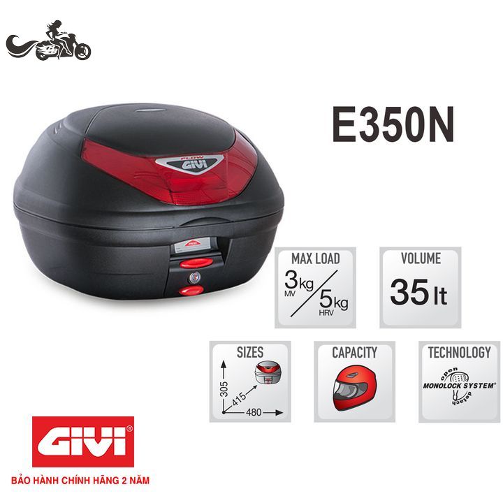 Thùng Sau 35 Lít Mã E350N Hàng Chính Hãng GIVI Bảo Hành 2 Năm