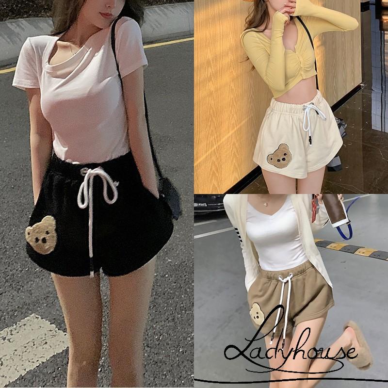 Quần Short Thể Thao Ống Rộng Thêu Hình Gấu Cho Nữ