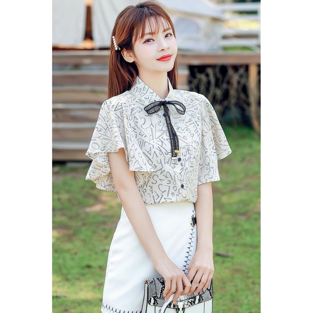 Áo sơ mi chiffon tay ngắn phối bèo in họa tiết phong cách mùa hè Hàn Quốc cho nữ | BigBuy360 - bigbuy360.vn