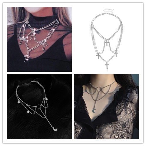 Vòng Cổ Choker Nhiều Lớp Mặt Thánh Giá Mặt Trăng Ngôi Sao Thời Trang Cho Nữ