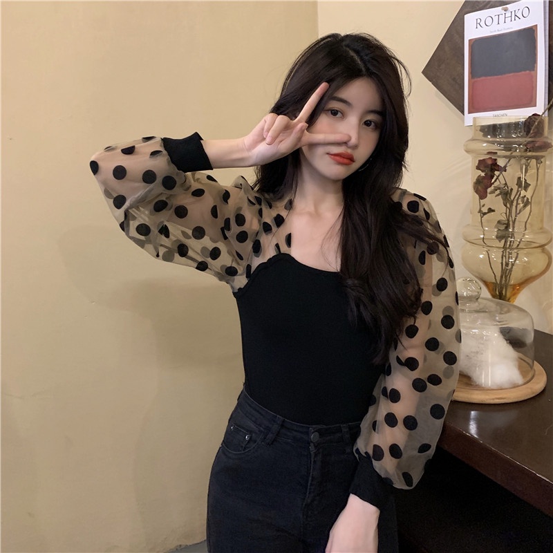 Áo Sơ Mi Cổ Vuông Tay Phồng Họa Tiết Chấm Bi Thời Trang Mùa Thu Mới Cho Nữ