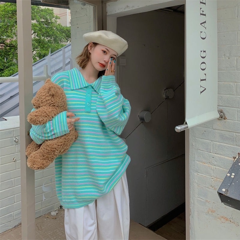 Áo Sweater dệt kim dáng rộng màu sắc trẻ trung cho nữ