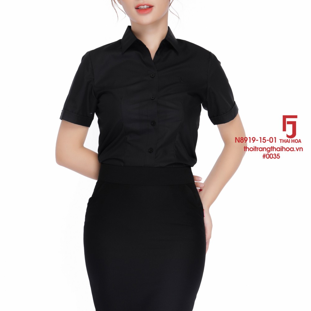 Áo sơ mi nữ công sở đen ngắn tay cao cấp kiểu bigsize sợi tre Thái Hoà N8919-15-01