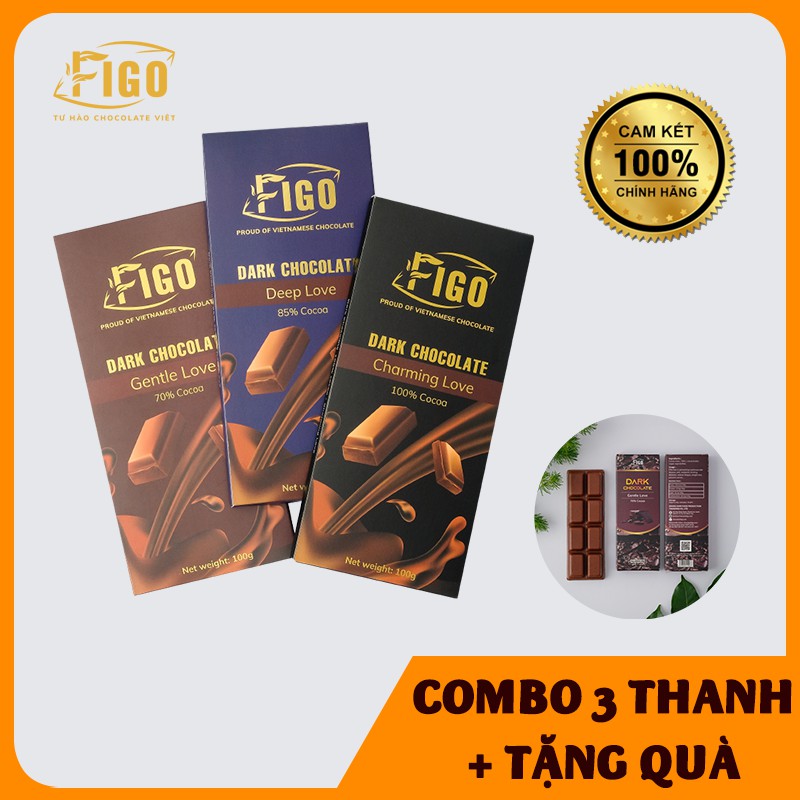 [BÁN CHẠY] COMBO 3 Thanh Dark Chocolate GIẢM CÂN loại 100%; 85%; 70% Figo 100gr